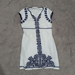 Boden White Linen Dress with Navy‎ Embroidery